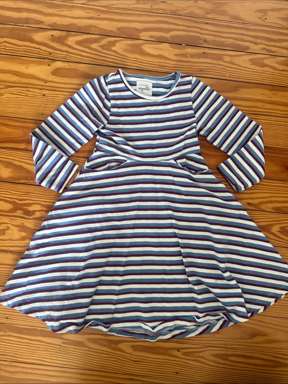 Vignette Striped Long-Sleeve Dress in Blue & Burgundy